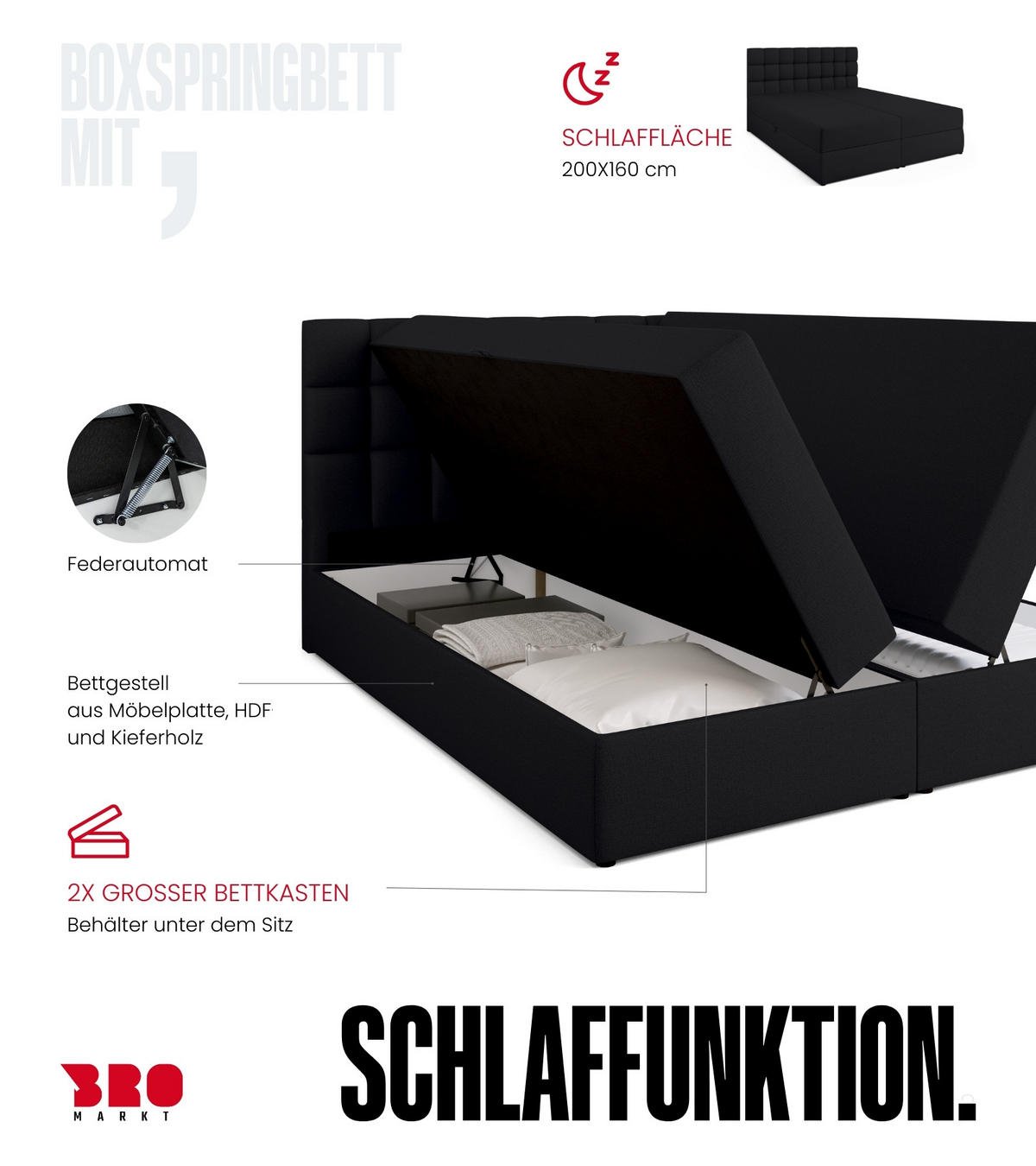 BOXBETT Dakota mit Topper 160/200 Schwarz - Schwarz, Textil (160/200cm) - Bromarkt