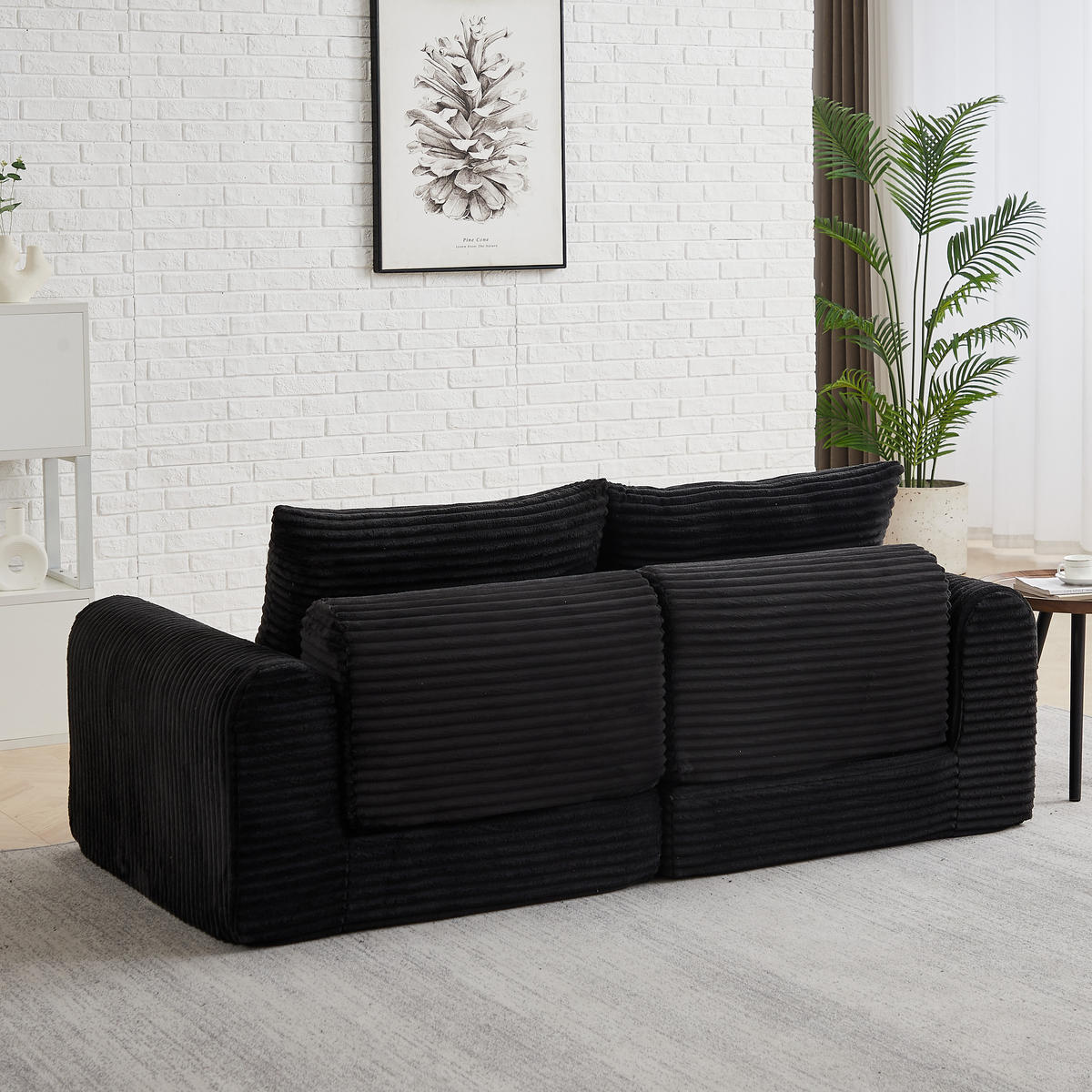 SCHLAFSOFA 2-in-1 aus Cord mit 2 Kissen und Hocker - Schwarz, Textil (243/53/194cm)