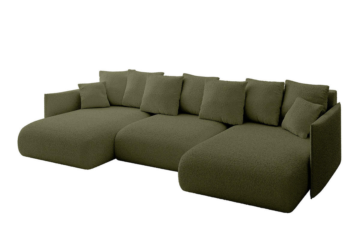 WOHNLANDSCHAFT mit Schlaffunktion und Bettkasten ONESK-U 317x177x72 Grün Bouclé - Olivgrün, Holzwerkstoff/Kunststoff (317/72/177cm) - ALTDECOR