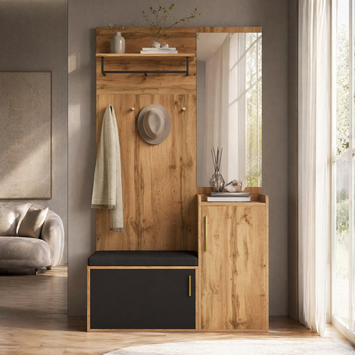GARDEROBEN-SET in Naturfarben Kleiderschrank-Set mit Spiegel, Sitzbank, Schuhregal und Haken für Flur, B100/T38/H185cm - Schwarz/Naturfarben, Glas/Holzwerkstoff (100/185/38cm) - STILVORA