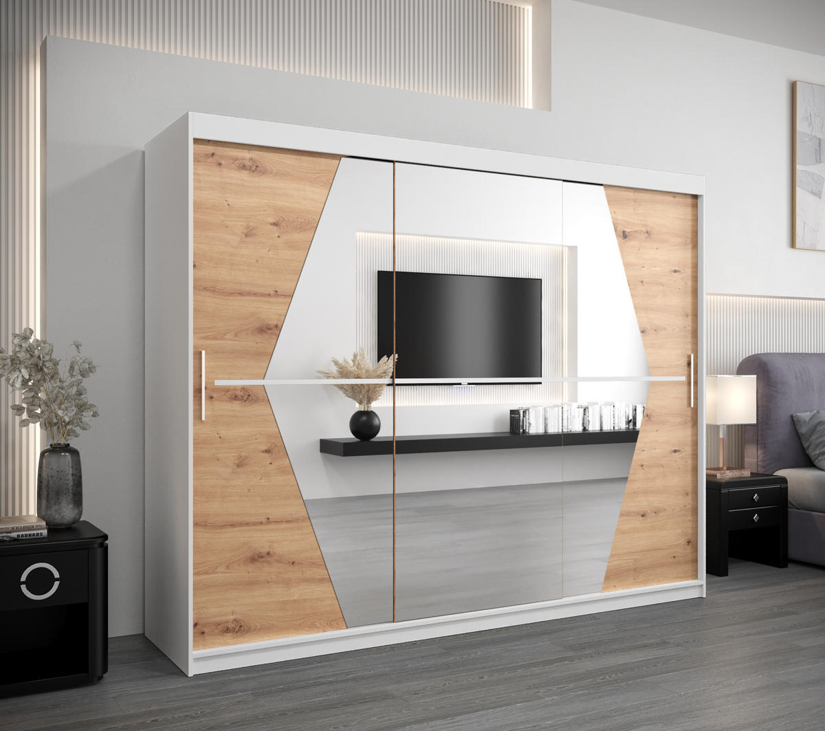 SCHWEBETÜRENSCHRANK 200/250/62 3-türig - Silberfarben/Eiche Artisan, Holz/Kunststoff (250/200/62cm) - Abiks Möbel