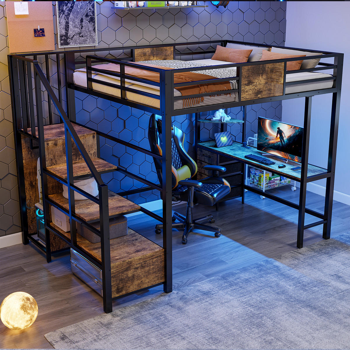 HOCHBETT 140/200 cm in Schwarz mit Schreibtisch, LED, Steckdose und Kleiderstange - Schwarz, Holzwerkstoff/Metall (140/200cm) - CHICFURN