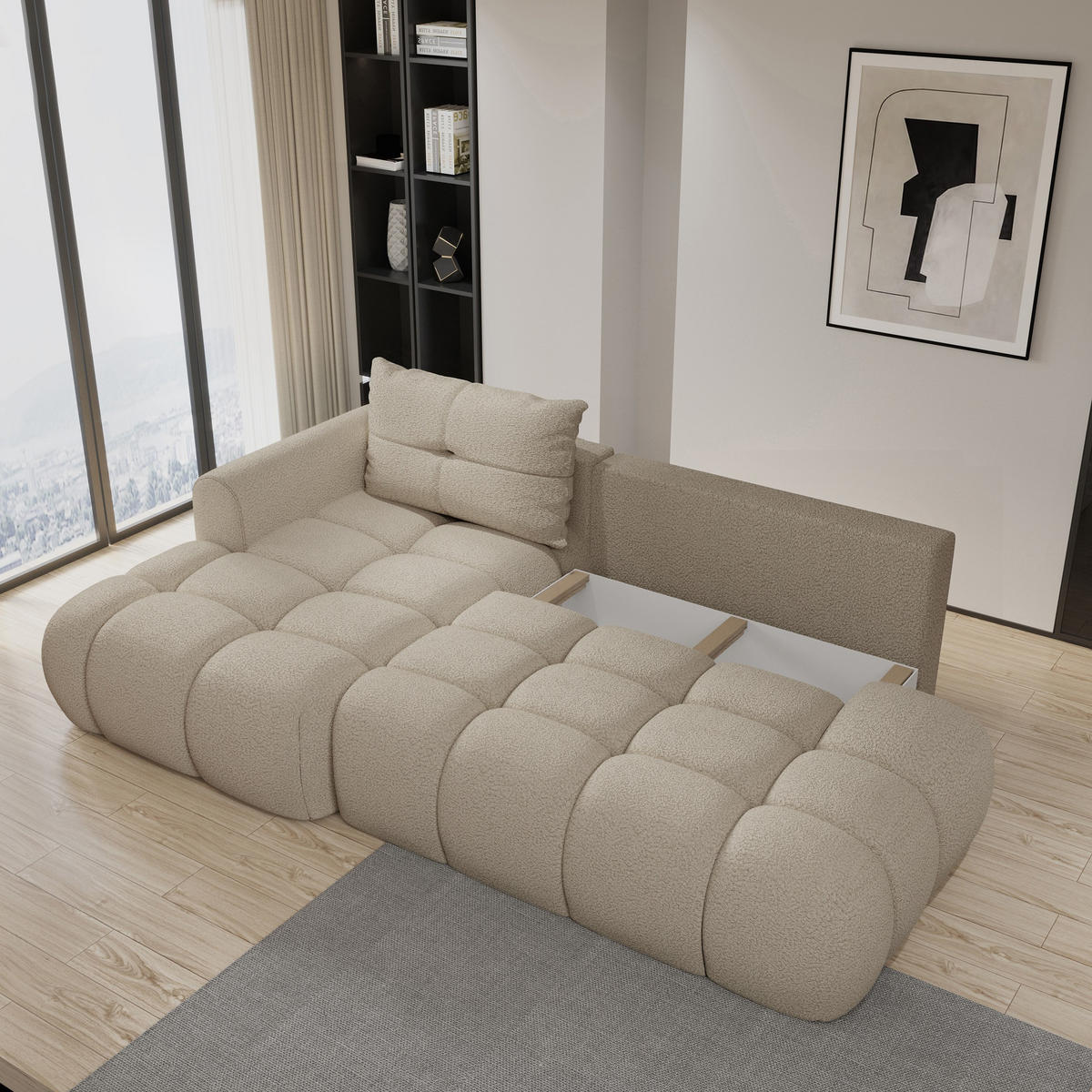 ECKSOFA FLUMA L-S Beige Boucle-Stoff mit Schlaffunktion - Beige, Holz (274/165cm) - MASSENO