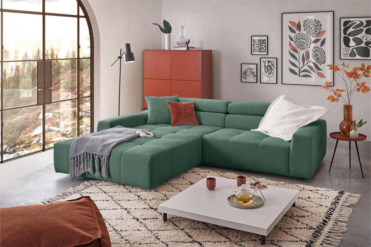 ECKSOFA MIT MOTORISCHEM SITZVORZUG RENO Smaragdgrün Cord - Smaragdgrün/Schwarz, Kunststoff/Textil (258/217cm) - KAWOLA