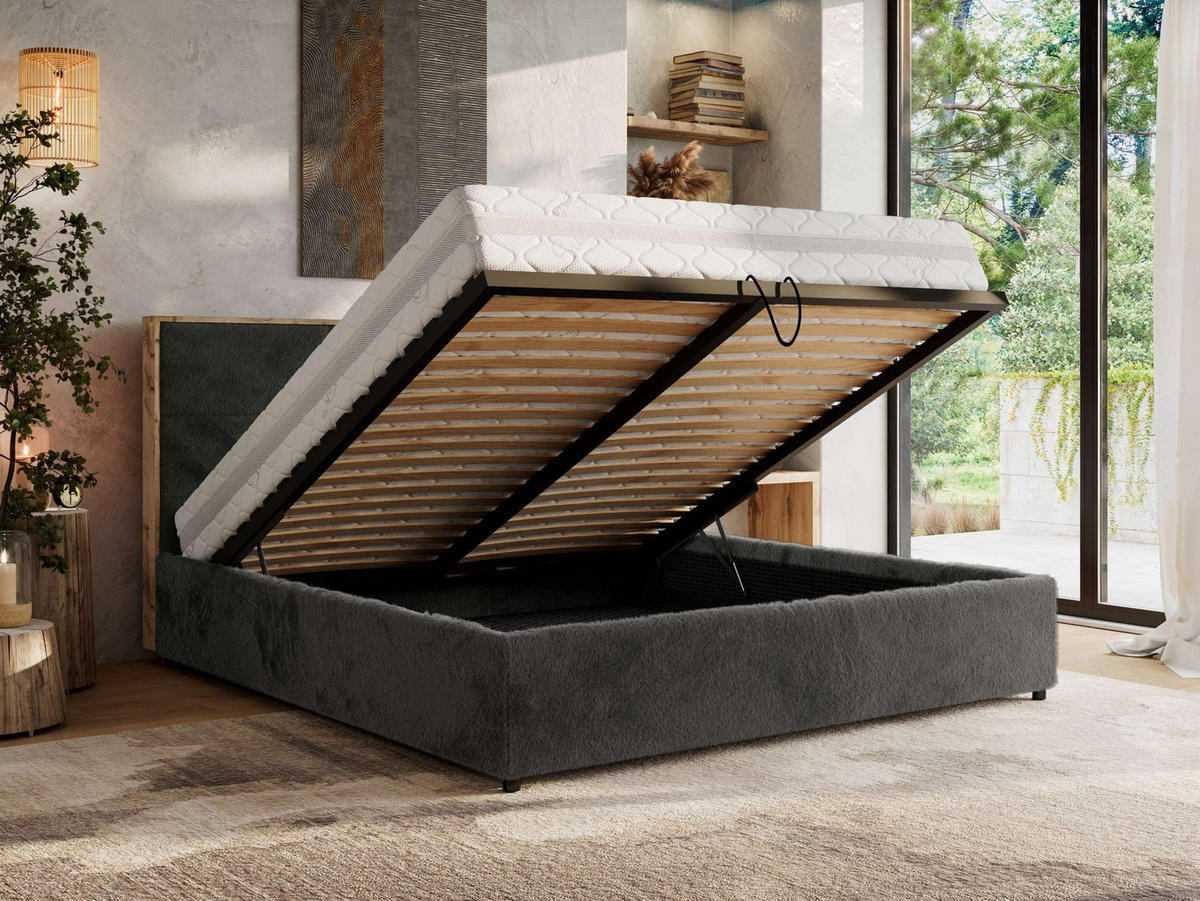 POLSTERBETT LERIO CLASSIC 160/200 - Dunkelgrau Plüsch - Schaum-Matratze - Dunkelgrau, Textil (160/200cm) - MKS