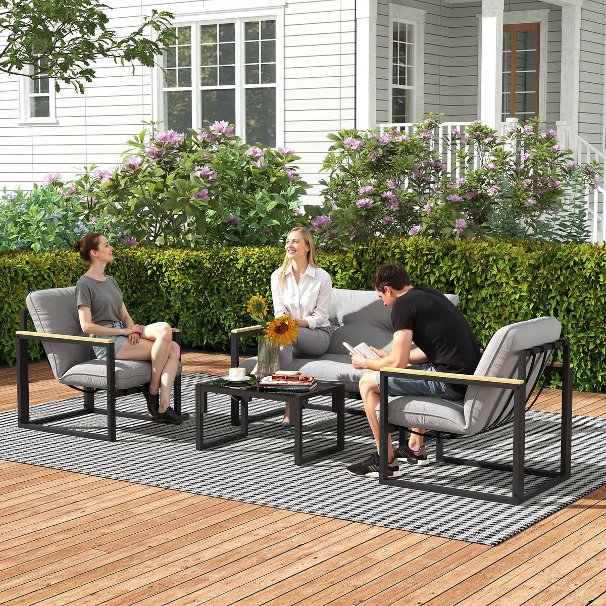 GARTENLOUNGE-SET 4-teilig DE-13425 2 Sessel + Sofa mit Tisch Grau - Hellgrau, Metall - ComfortXL
