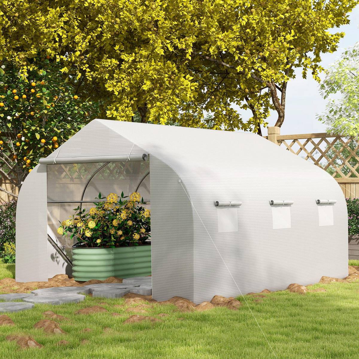TUNNELGEWÄCHSHAUS DE-05834 mit 6 aufrollbaren Fenstern 350/300/200 cm Weiß - Weiß, Kunststoff/Metall (300/200/350cm) - ComfortXL