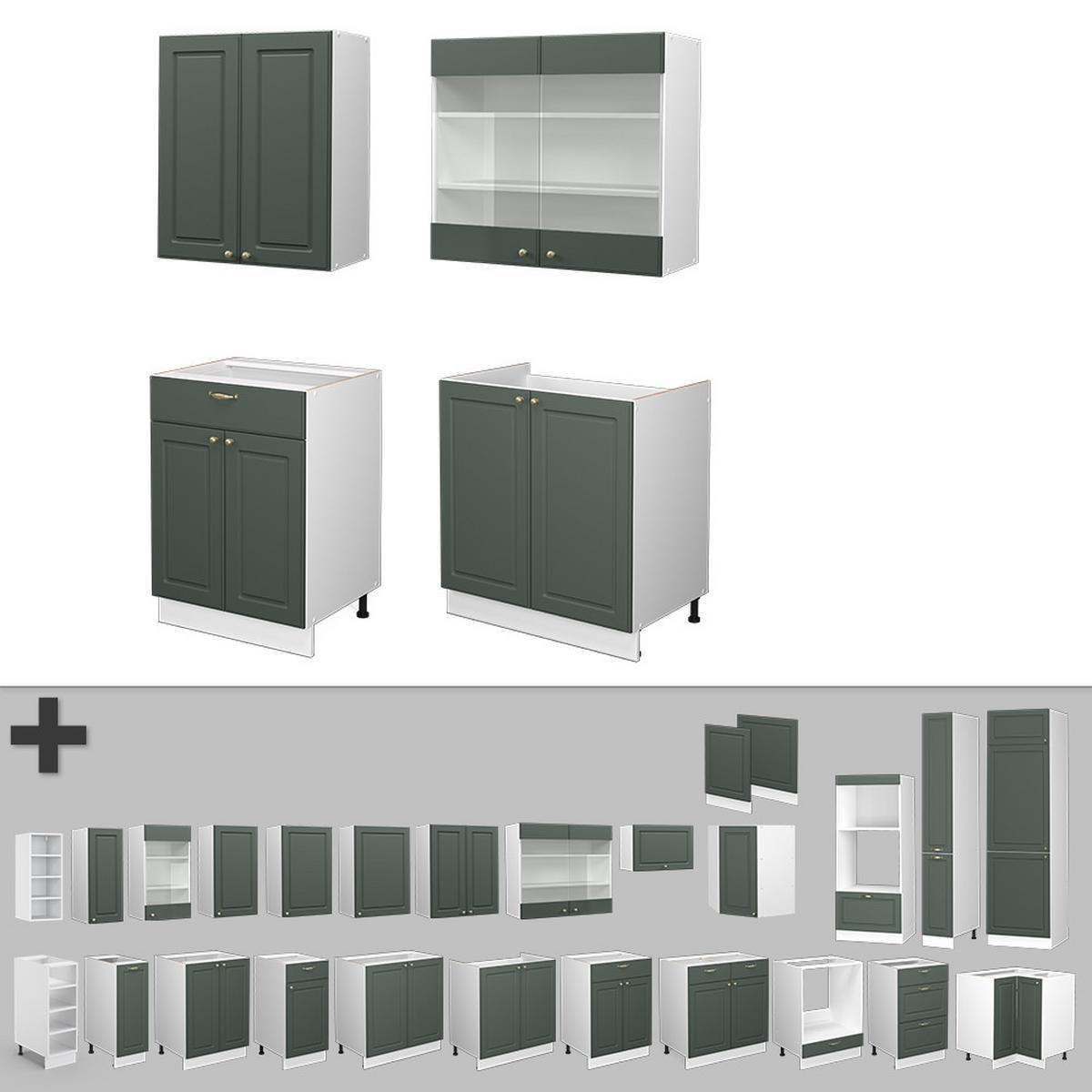SINGLEKÜCHE Fame-Line Grün-Gold Landhaus/Weiß 140 cm, AP Anthrazit - Weiß/Grün, Holzwerkstoff (140/81.6/60cm) - Vicco
