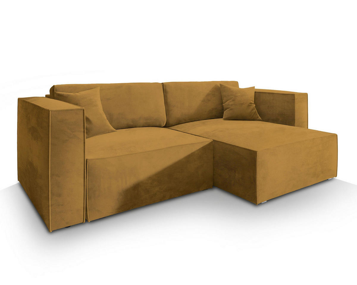 ECKSOFA NERIO M Gelb Velours-Stoff mit Schlaffunktion - Gelb, Holz (245/148cm) - MASSENO
