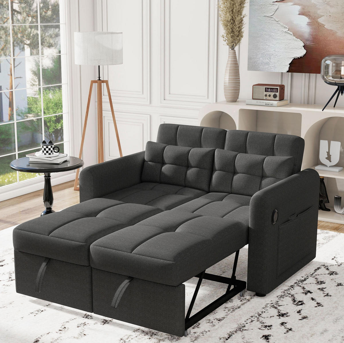SCHLAFSOFA aus Baumwoll-Leinen 142x85x83 cm Grau mit USB-Anschlüssen, Seitentaschen und verstellbarer Rückenlehne - Grau, Textil (142/83/85cm) - Modfu