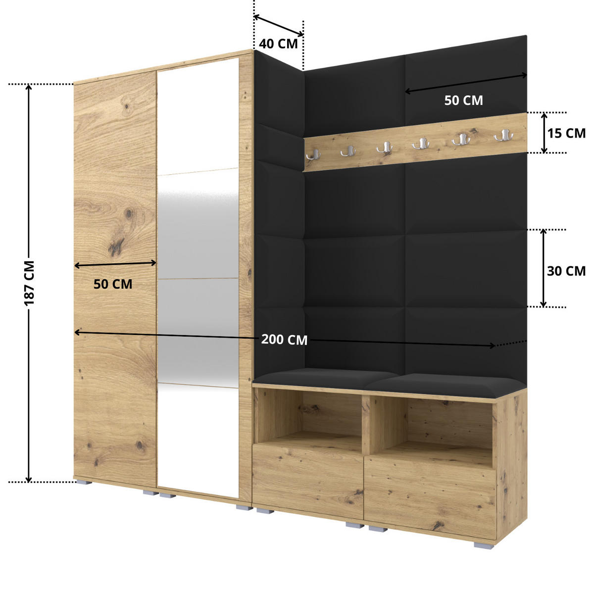 GARDEROBE NELA VI 200 cm (Modulare Flurmöbel Artisan Eiche mit Spiegel & Sitzpolster Schwarz 16 Universell) - Silberfarben/Schwarz, Holz/Holzwerkstoff (200/187/40cm) - Ravio