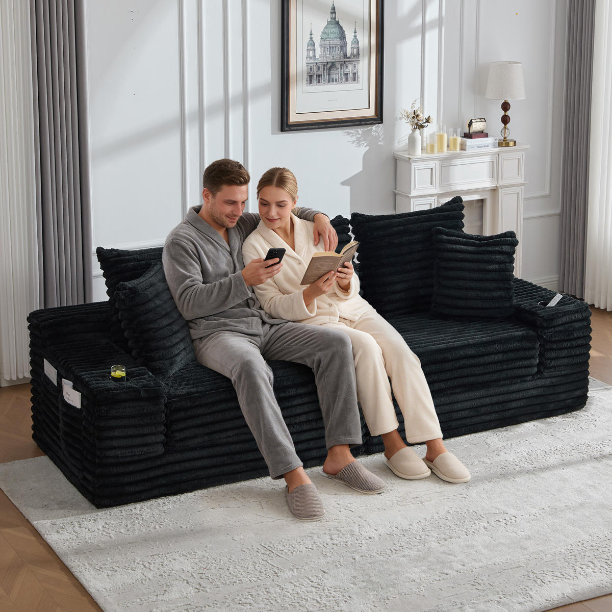 SCHLAFSOFA aus Cord mit Getränkehaltern und Kissen, Schwarz - Schwarz, Textil (107.48/34.25/38.58cm)