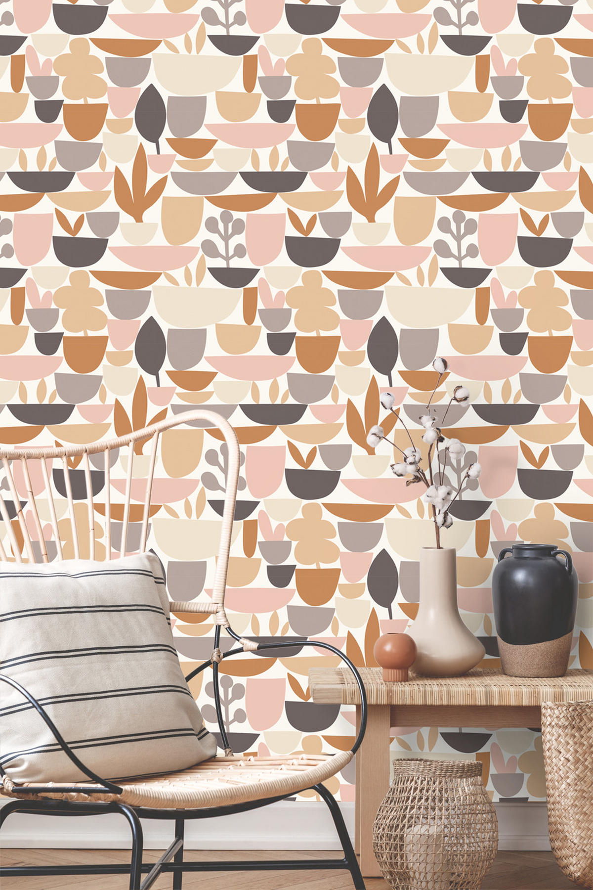TAPETE Keramik und Pflanzen 50 x 900 cm - Braun, Papier (50/900cm) - ESTAhome