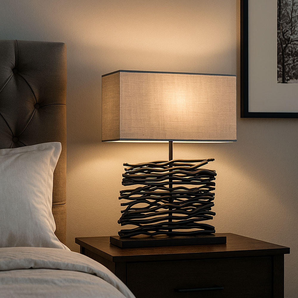 TISCHLEUCHTE Holz Grau Stoffschirm Schwarz - Grau, Textil (40/15/50cm) - Globo Lighting