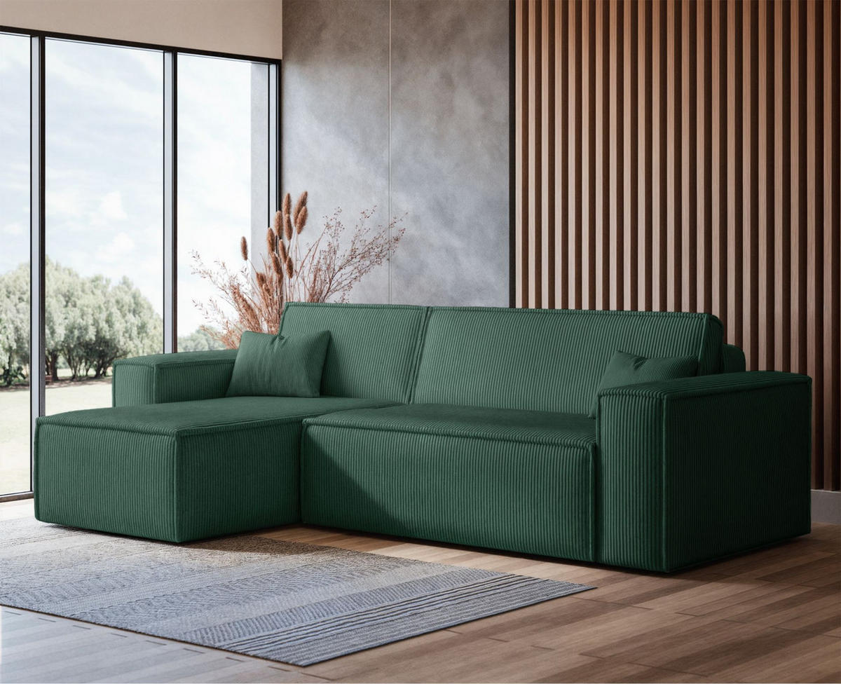 ECKSOFA Scarlo Dunkelgrün Cordbezug - Dunkelgrün/Schwarz, Kunststoff/Textil (244/145cm) - Selsey