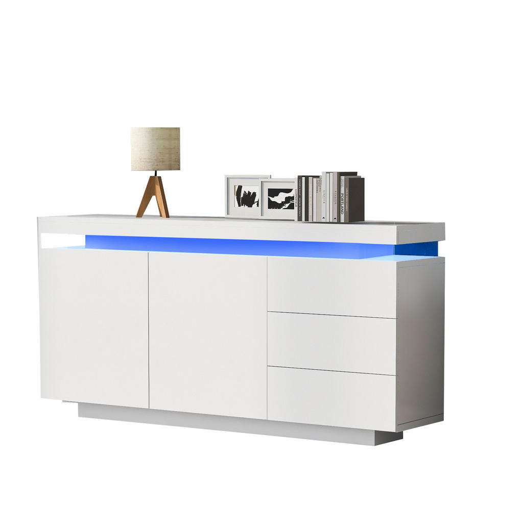 Modfu KOMODA z dřevotřísky 140x35x72,5 cm bílá s LED osvětlením, 2 dvířky, 3 zásuvkami a vysokým leskem