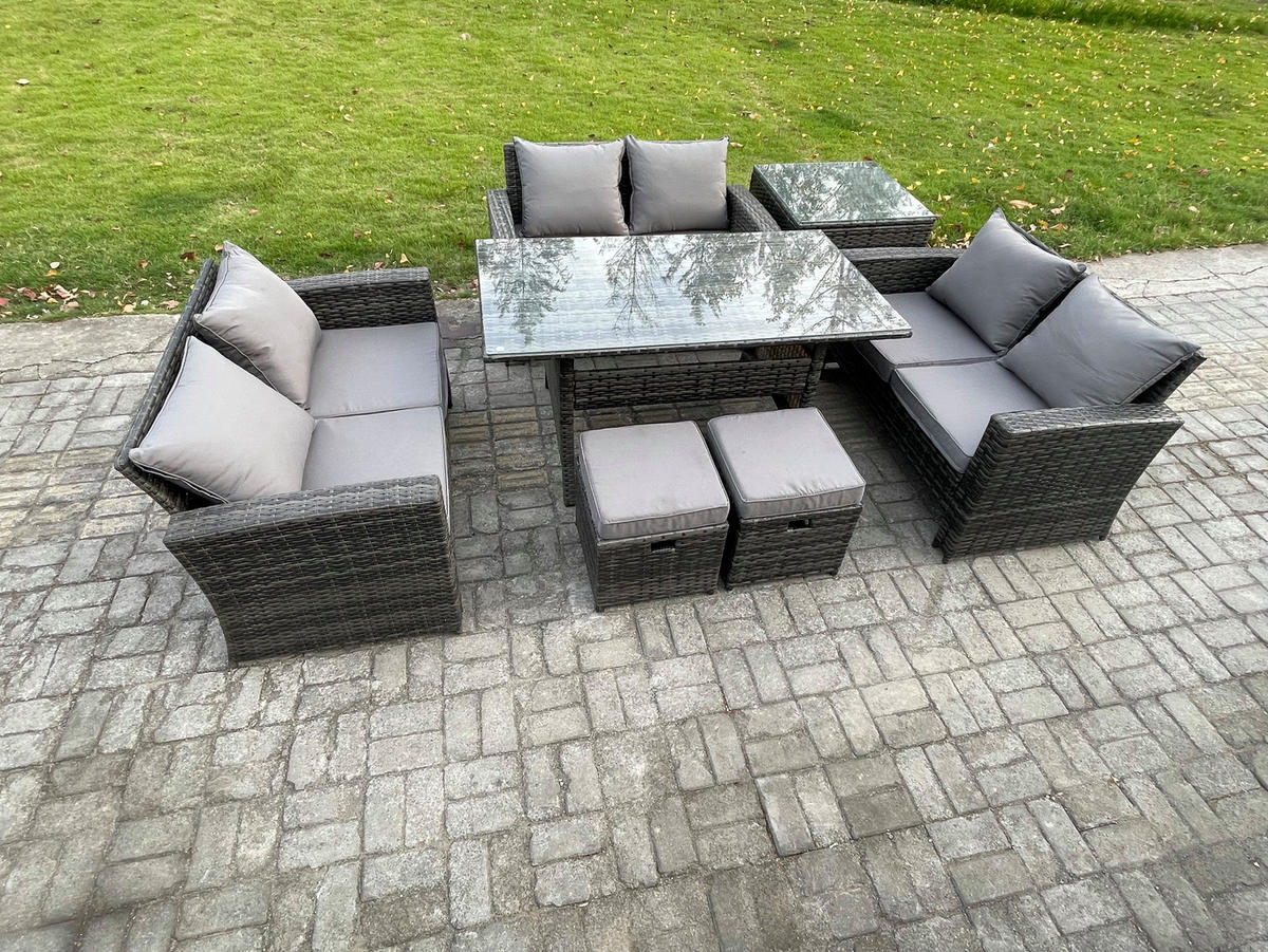 GARTENMÖBELSET mit Zweisitzer,2 kleine Fußhocker,Esstisch,Beistelltisch Polyrattan Dunkelgrau 8-Sitzer - Dunkelgrau/Grau, Glas/Kunststoff - Fimous