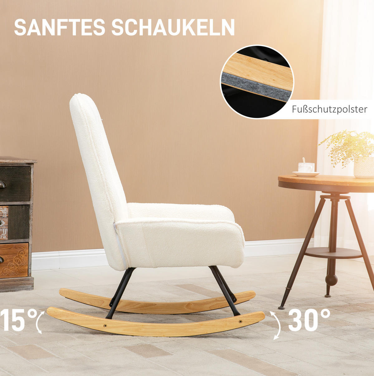 SCHAUKELSTUHL Sherpa-Vlies Schwingsessel 63/95/97 cm Cremeweiß - Creme, Holz (95/97/63cm) - Redom