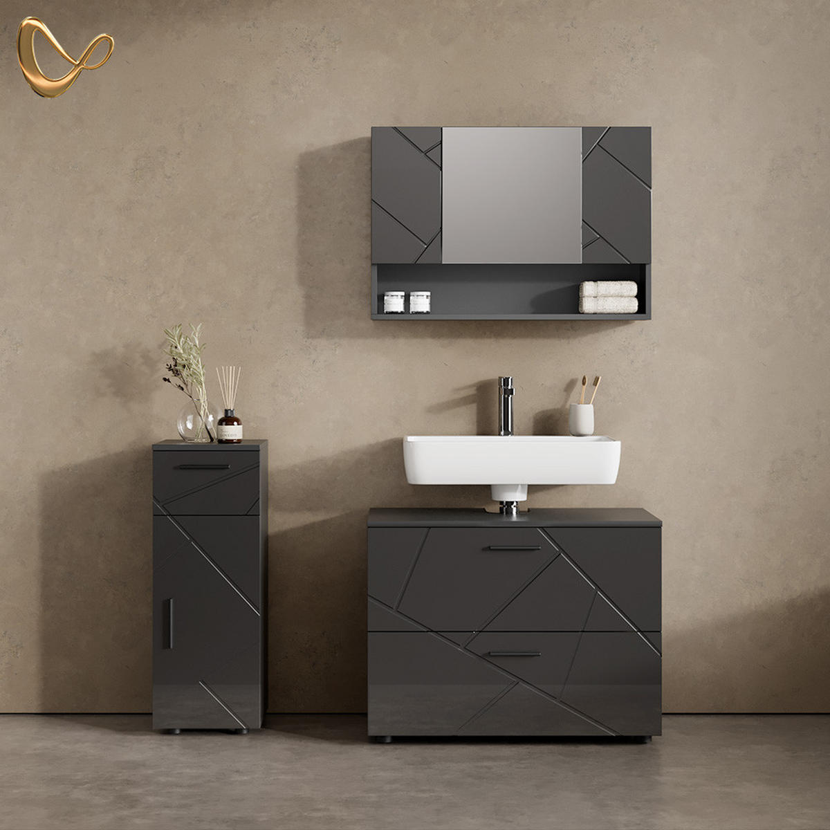 BADMÖBEL-SET Ronco Anthrazit Hochglanz 3 Teile, mit Schubladenschrank und Midischrank - Anthrazit, Holzwerkstoff (41/80/58cm) - Livinity®
