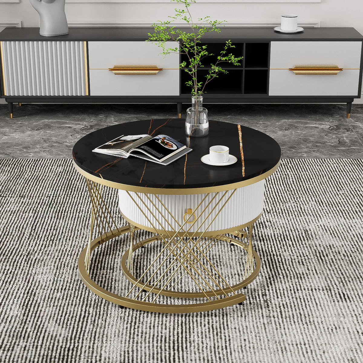 KOMMODE, 2-teiliges Couchtisch-Set aus MDF in Marmor-Optik mit Goldakzenten, 70/70/45 + 50/50/40 cm, Weiß und Gold und Schwarz - Schwarz, Holzwerkstoff (70/70/45cm) - Redom