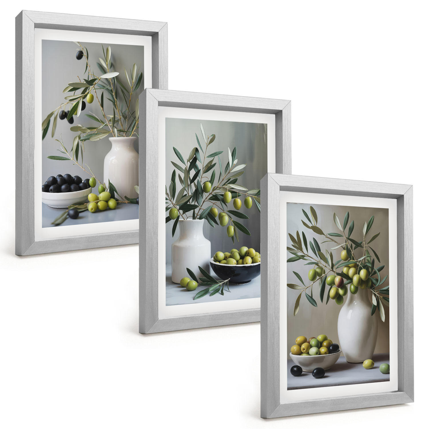 BILDER SET 3er Set - 20x30 cm Silberner Rahmen - Oliven in grauen Vasen - Silberfarben, Kunststoff (20/30cm) - TULUP