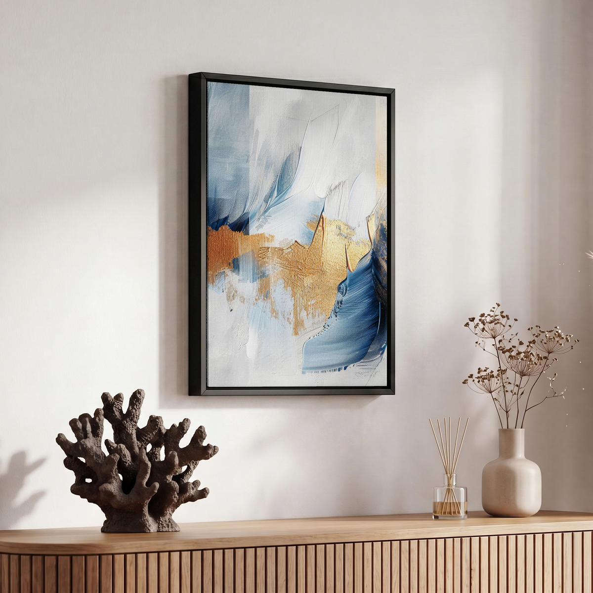 LEINWAND Bilder mit Rahmen - Gold - Blau - Aquarell - Kunst - Modern - 20x30 - Hellblau, Textil (20/30cm) - MuchoWow