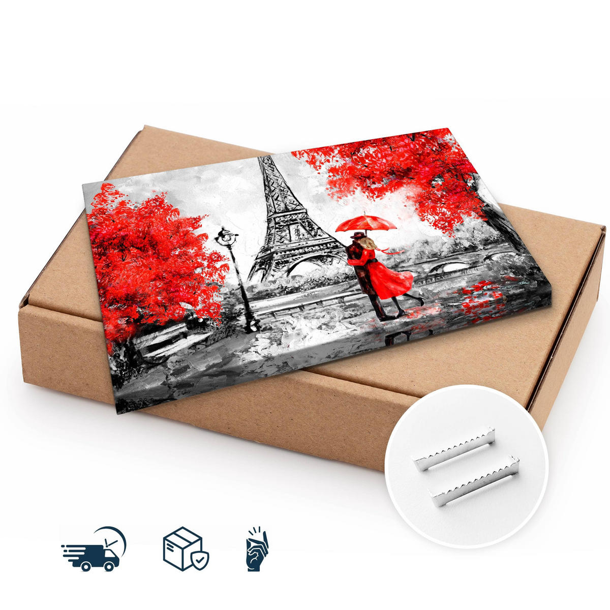 LEINWANDBILD Romantisches Paris Eiffelturm Bäume Malarei 100x70 - Rot/Schwarz, Textil (100/70cm) - Muralo