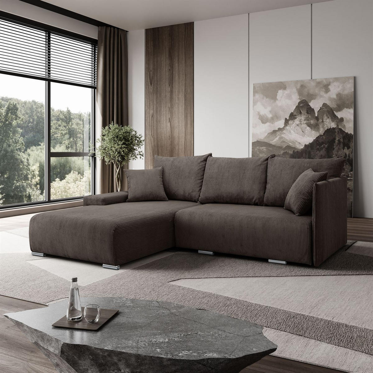 ECKSOFA LAVIO L mit Schlaffunktion und Bettzeugkasten Linke - Graubraun, Textil (246/188cm) - Lookway