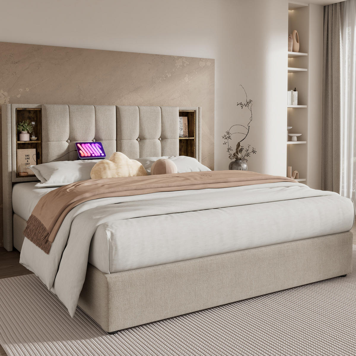 POLSTERBETT 160/200 cm in Natur mit Stauraum, kabellosem Laden und USB - Naturfarben, Textil (160/200cm) - Flora Grace