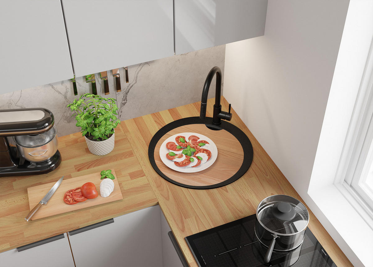 GRANITSPÜLE Pisa Max, 2-er set Schwarz 53/53 cm 1 Becken + Küchenarmatur 40/38 cm + Ablauf-Set + Schneidebrett ab 50er Unterschrank - Chromfarben/Beige, Kunststoff (53/20/53cm) - Primagran