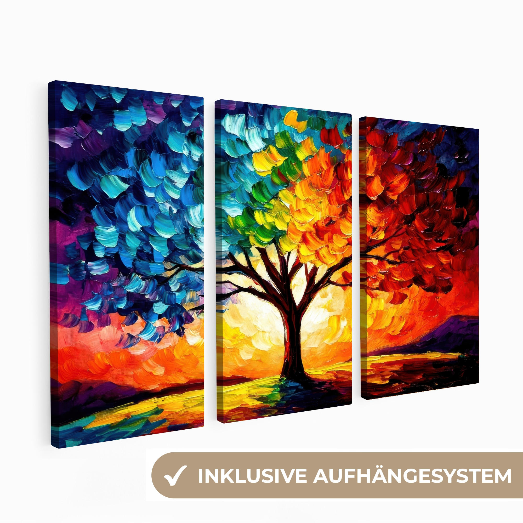 LEINWANDBILD 3er Set Baum - Farbenfroh - Malerei-Look - Abstrakt 90x60 cm - Multicolor, Textil (90/60cm) - MuchoWow