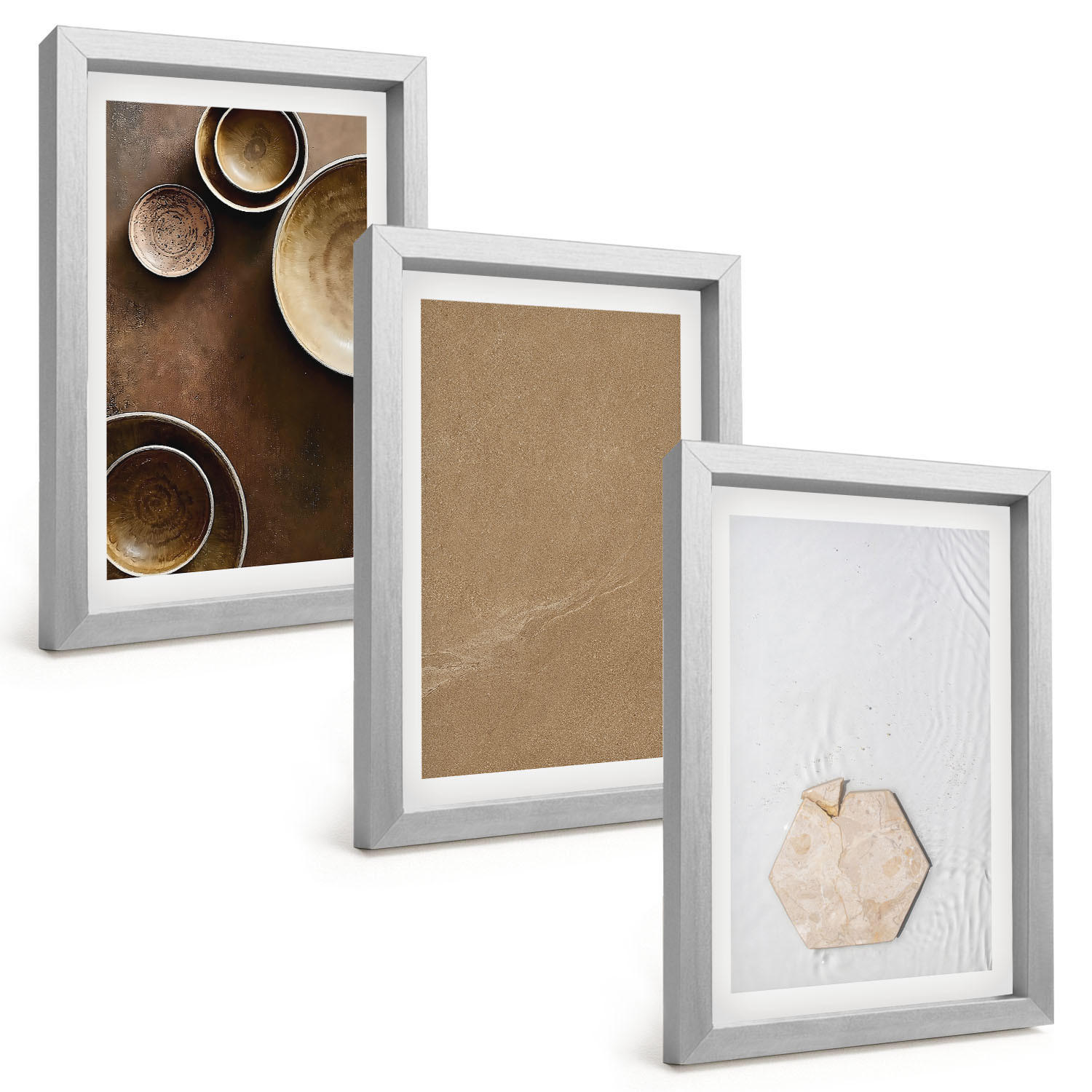 BILDER SET 3er Set - 20x30 cm Silberner Rahmen - Minimalistische Texturen und Farben - Silberfarben, Kunststoff (20/30cm) - TULUP