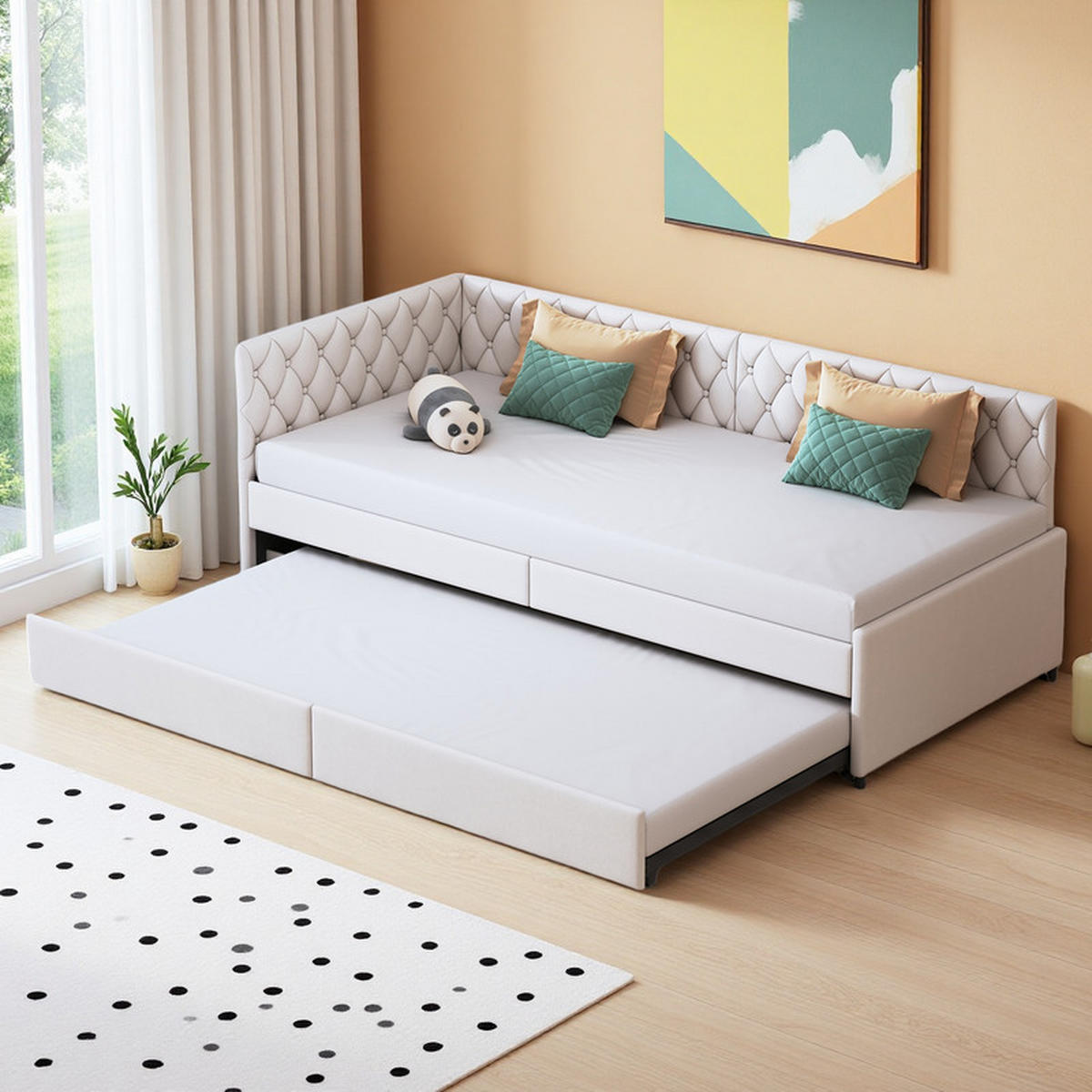 SCHLAFSOFA 90x200 cm, Samt Beige, Einzelbett ausziehbar, mit Lattenrost, ohne Matratze - Beige, Holz (90/200cm) - WoodenAura