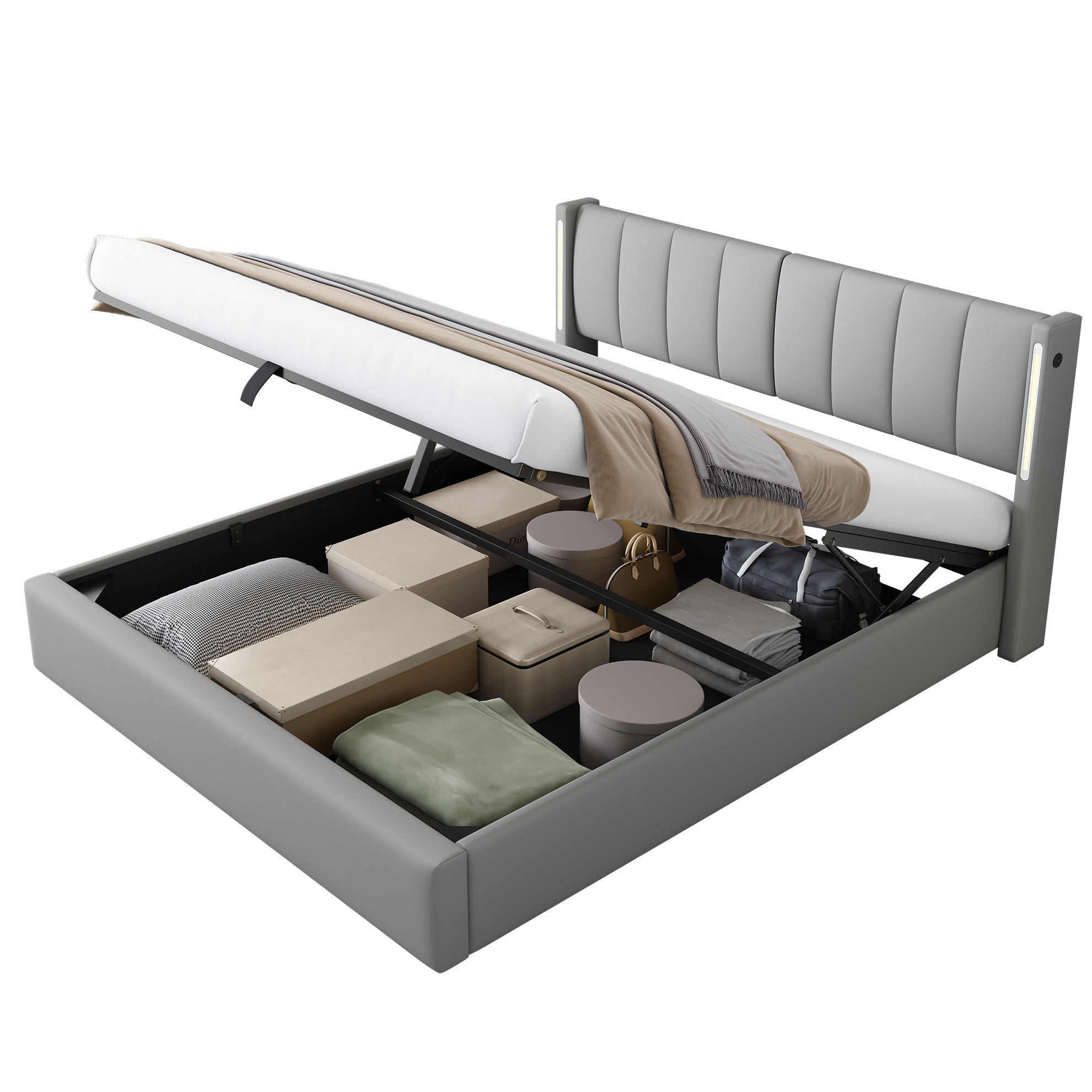 POLSTERBETT 140/200 cm Grau aus PU mit LED und Stauraum - Grau, Kunststoff (140/200cm) - OKMYHOME
