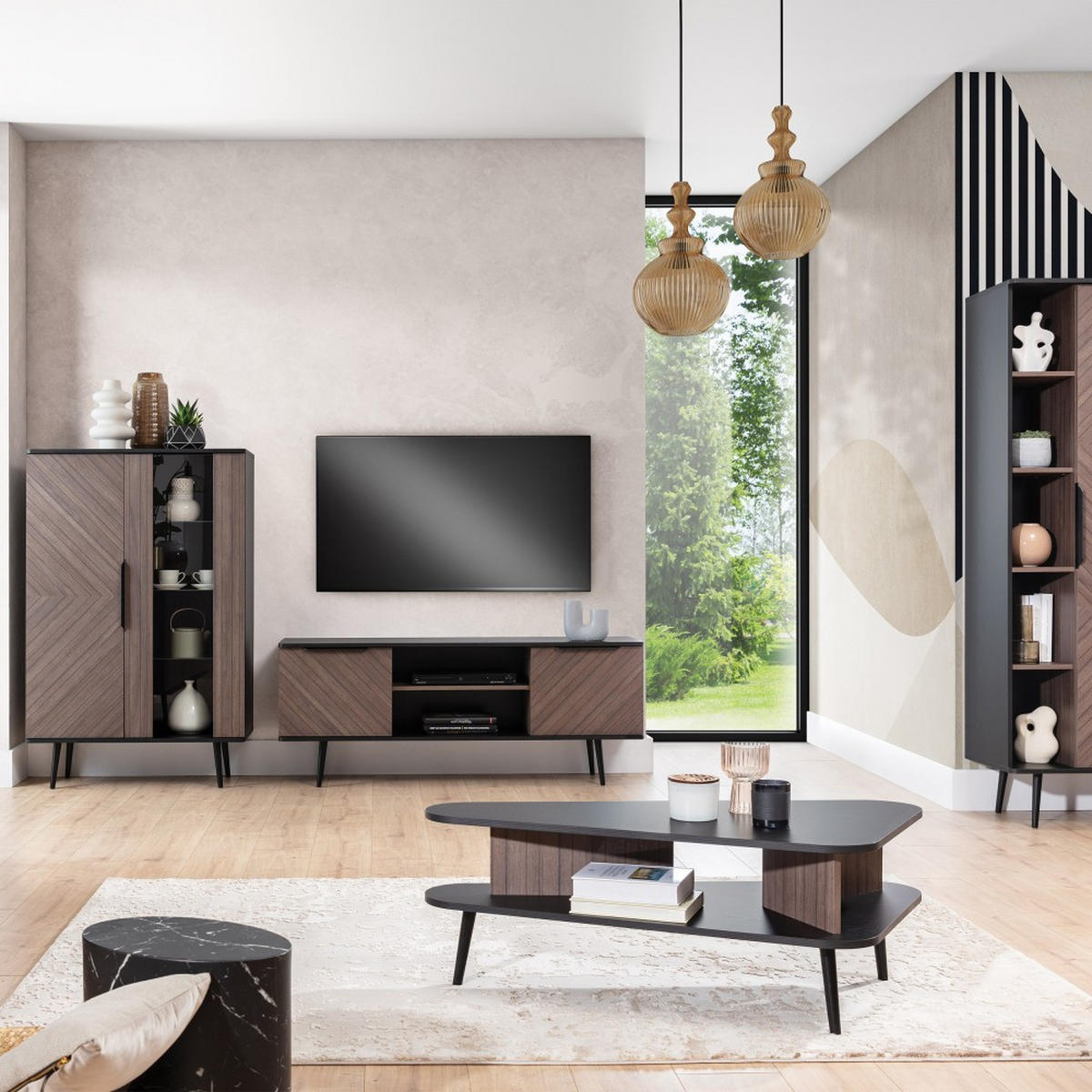 LOWBOARD Parini mit 2 Türen, mit Metallbeine, Graphitschwarz/Captains Deck - Eichefarben, Holzwerkstoff/Metall (150/60/41cm) - Beautysofa