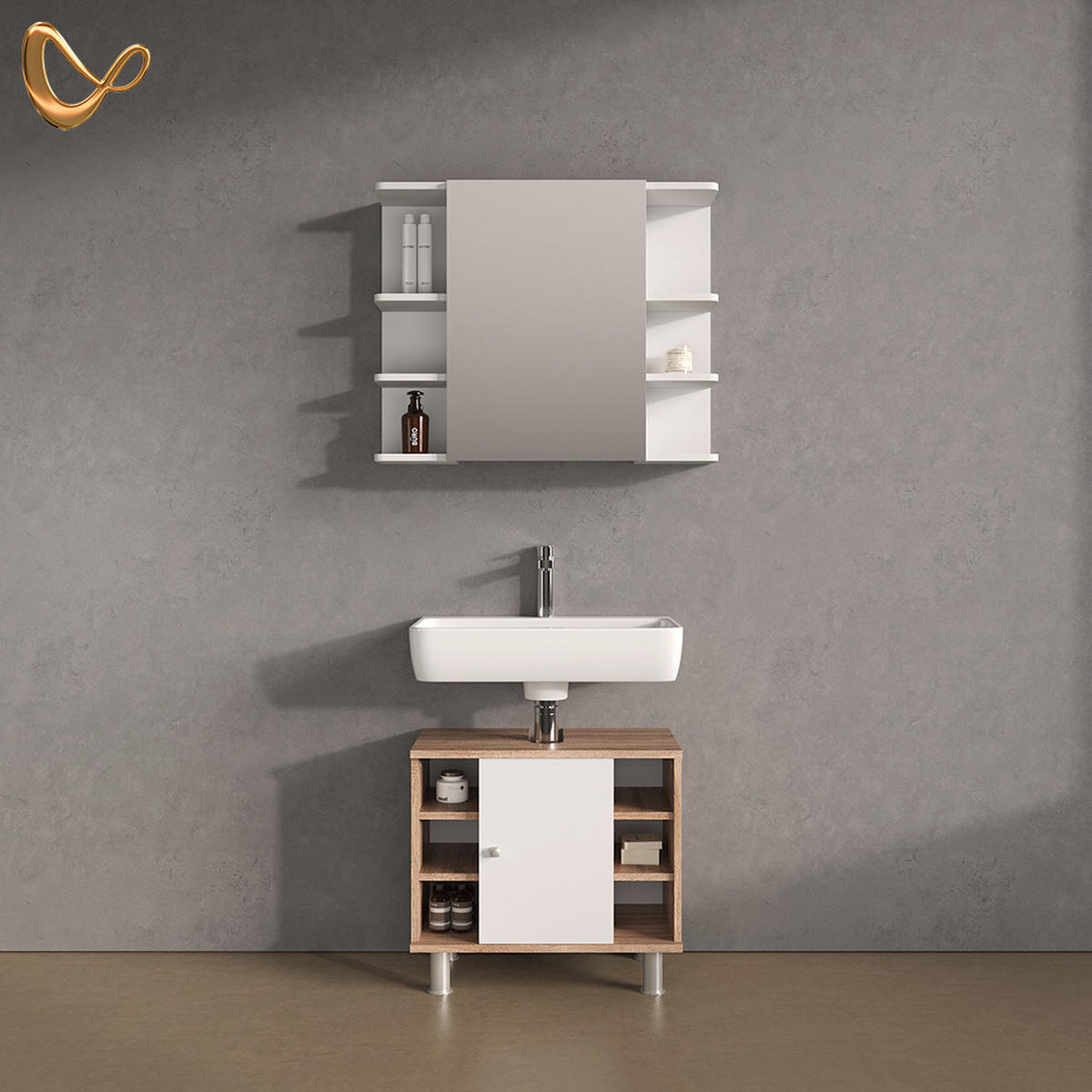 BADMÖBEL-SET Fucino Sonoma 2 Teile - Weiß/Sonoma Eiche, Holzwerkstoff (60/54/32cm) - Livinity®