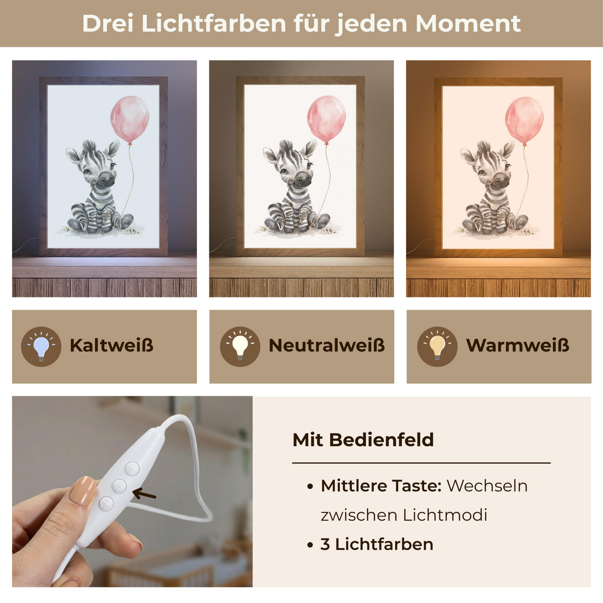 NACHTTISCHLAMPE Zebra - Baby - Tiere - Rosa Luftballon 20x30 cm - Weiß, Holzwerkstoff (8/20/30cm)