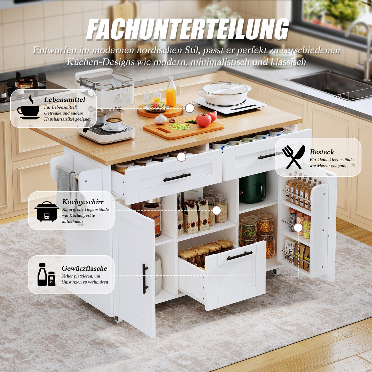 KÜCHENINSEL in Weiß Servierwagen mit Schubladen und Handtuchstange für Küche und Esszimmer, B120/T71/H90 cm - Weiß, Holzwerkstoff/Metall (120/90/71cm) - STILVORA