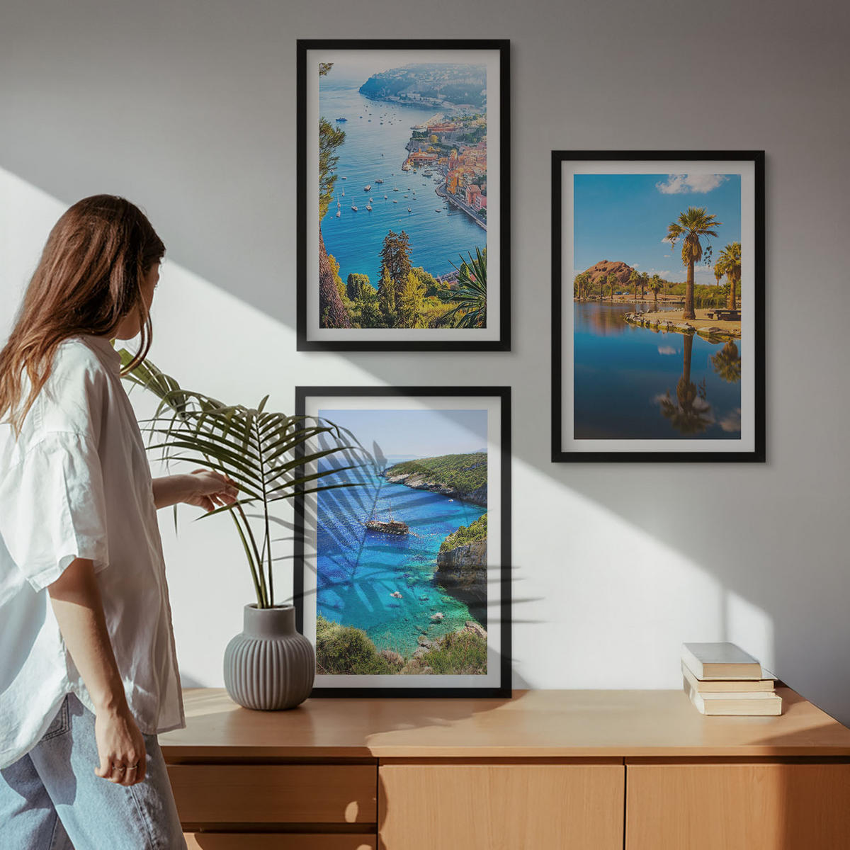 BILDER SET 3er Set - 40x60 cm Schwarzer Rahmen - Palmen am Meer, blaues Wasser - Schwarz, Kunststoff (40/60cm) - TULUP