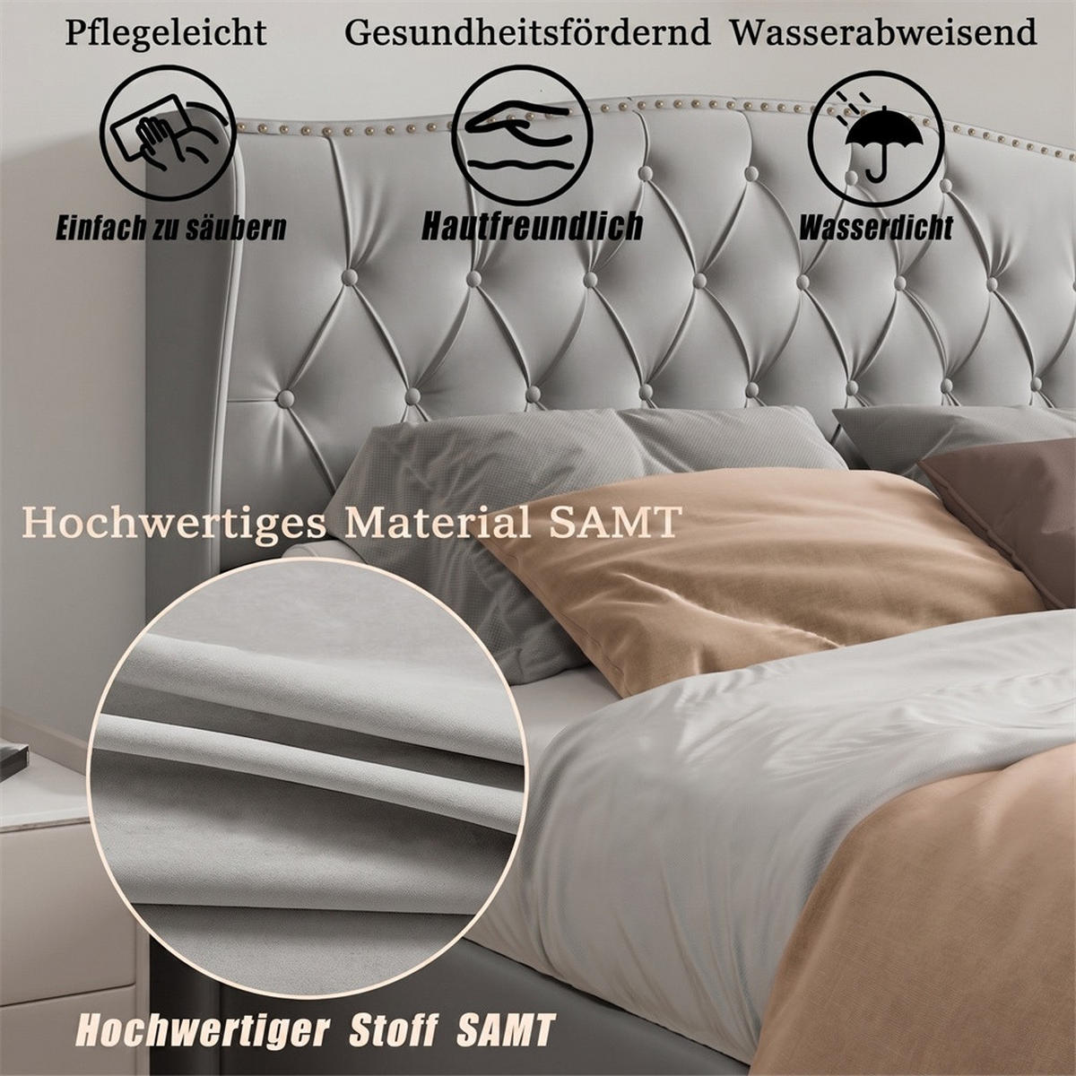 POLSTERBETT 140x200 cm mit hydraulischem Stauraum - Kopfteil und Fußteil im Wellendesign mit Nieten-Dekor - Grau - Grau, Textil (140/200cm) - DELFA