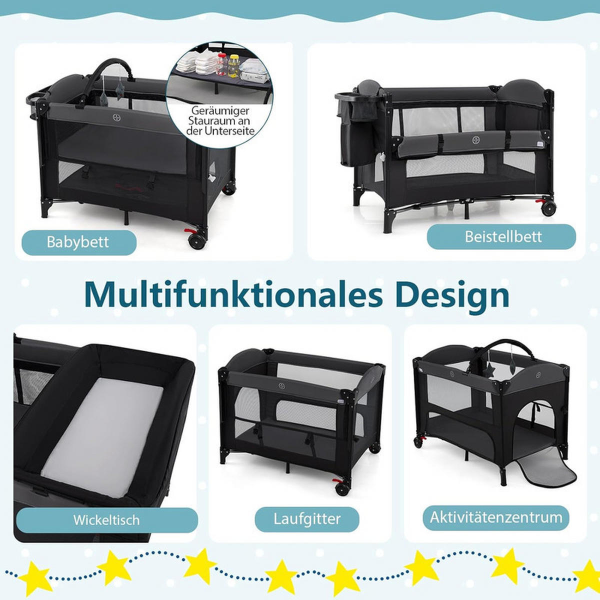 BEISTELLBETT mit Matratze schwarz - Schwarz, Textil - COSTWAY