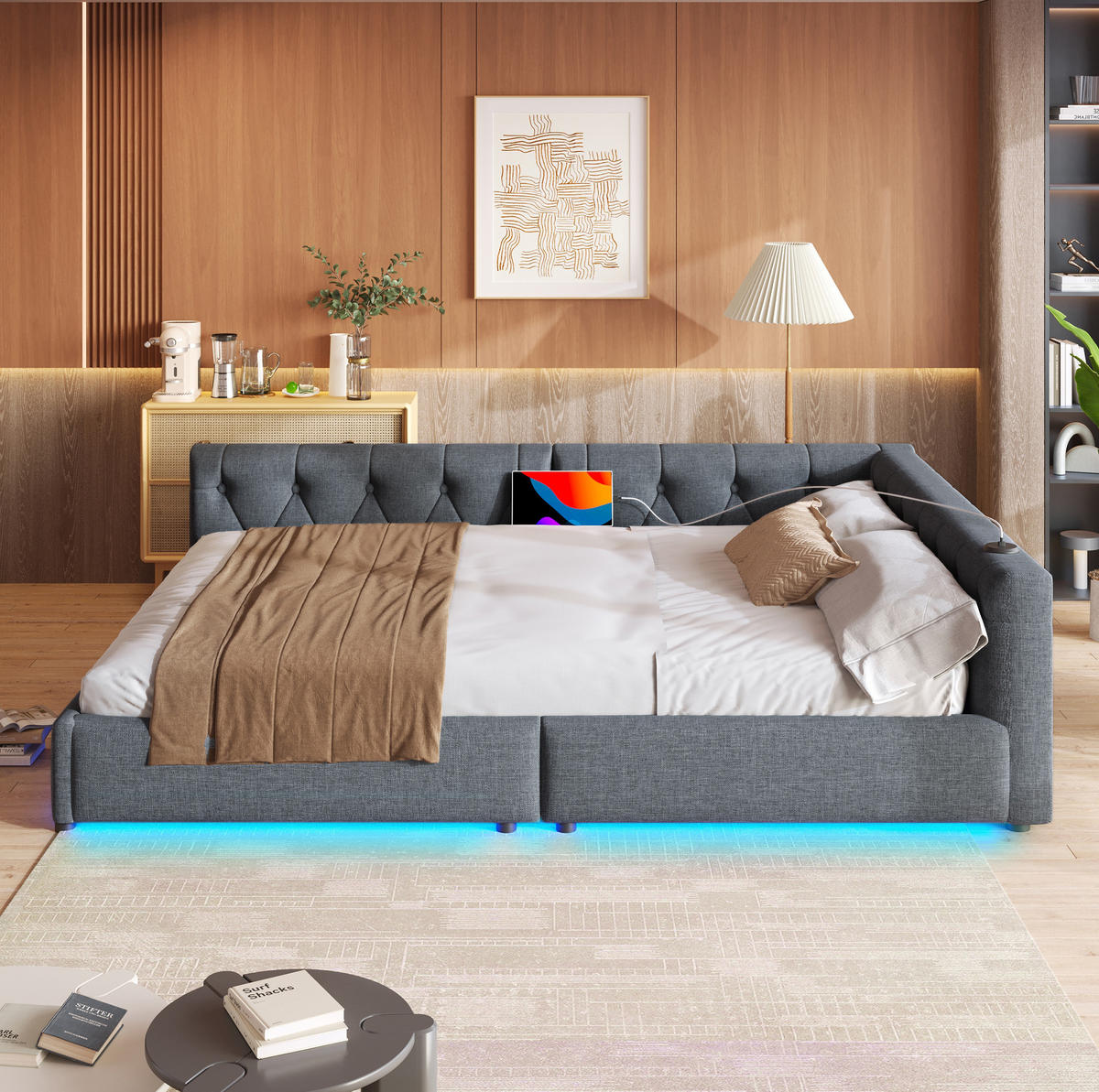 POLSTERBETT 140/200 cm Grau aus Leinen mit LED-Beleuchtung und USB-Anschlüssen - Grau, Textil (140/200cm) - Flora Grace