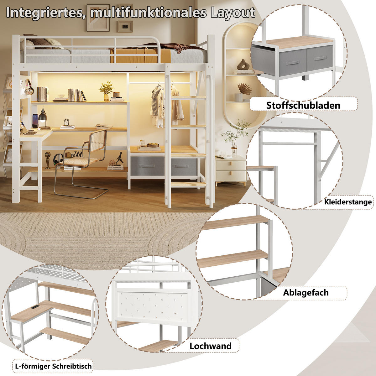 HOCHBETT 90x200cm, Eisen, Lochwand, Regale, Schubladen, Schreibtisch, USB, LED, Geländer, ohne Matratze, Weiß - Weiß, Holzwerkstoff (90/200cm)