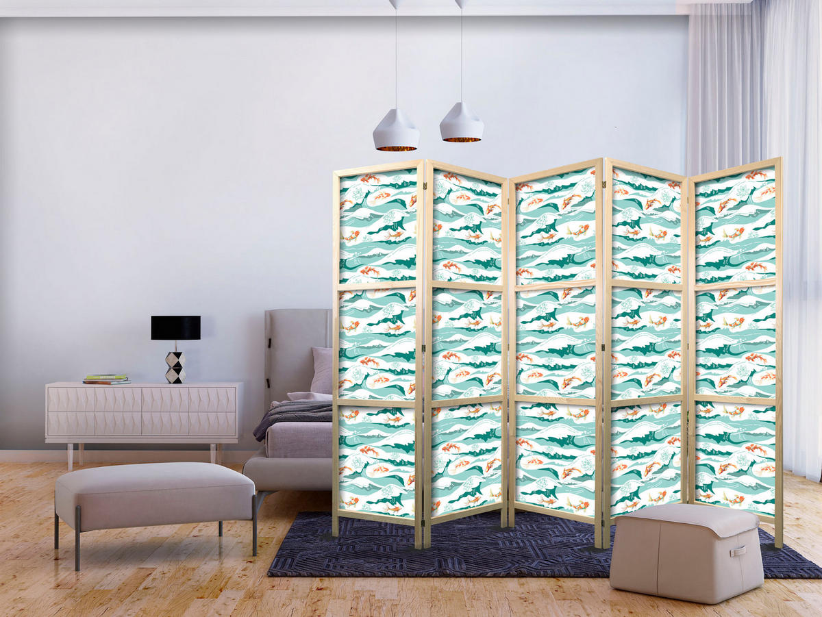 PARAVENT Japanischer 5-tlg 225x172 cm Fische Blumen Meereswellen - Türkis, Holz/Textil (225/172/3cm) - Muralo