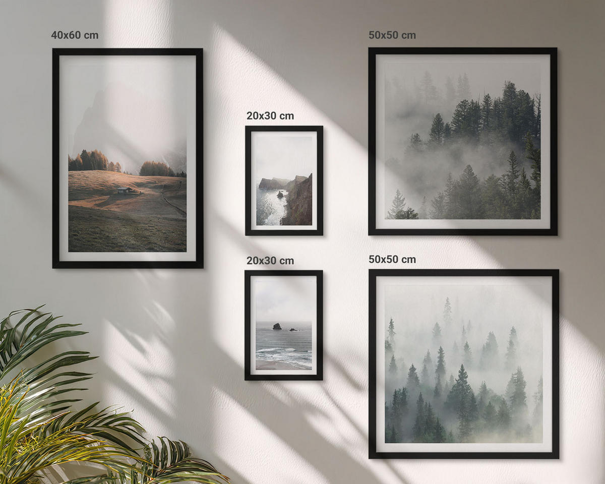 BILDER SET 5er Set - 50x50 cm & 20x30 cm & 40x60 cm Schwarzer Rahmen - Landschaften aus Bergen und Meer - Schwarz, Kunststoff (40/60cm) - TULUP