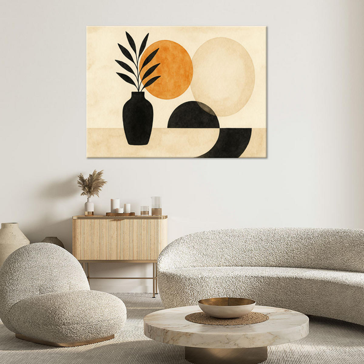 LEINWANDBILD Vase Blätter Geometrischer Minimalismus Beige 100x70cm - Beige, Textil (100/70cm) - Feeby