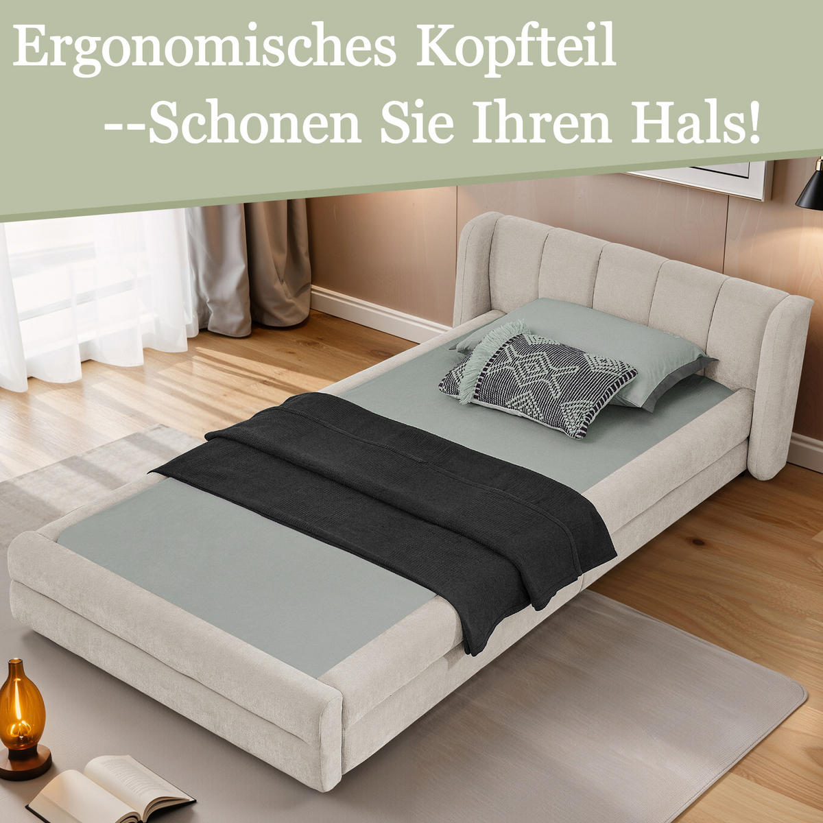 EINZELBETT 90x200 cm Chenille Rückenlehne beige - Beige, Kunststoff (90/200cm) - LEBENLANG