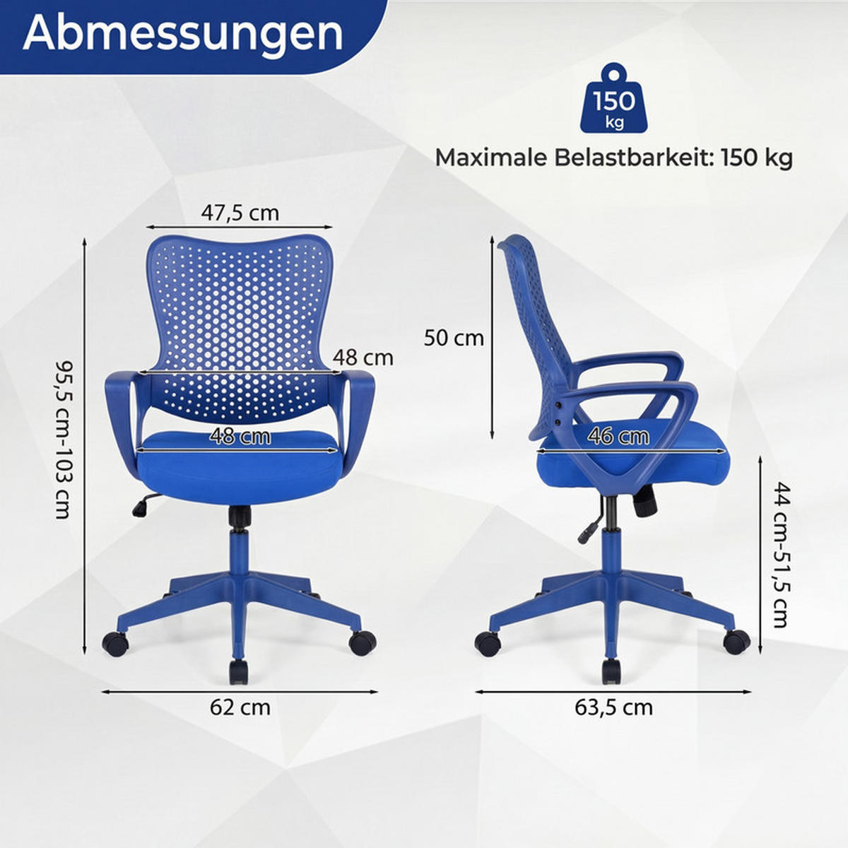 BÜROSTUHL atmungsaktiver Mesh-Rücken blau - Blau, Kunststoff (63.5/95.5/62cm) - COSTWAY