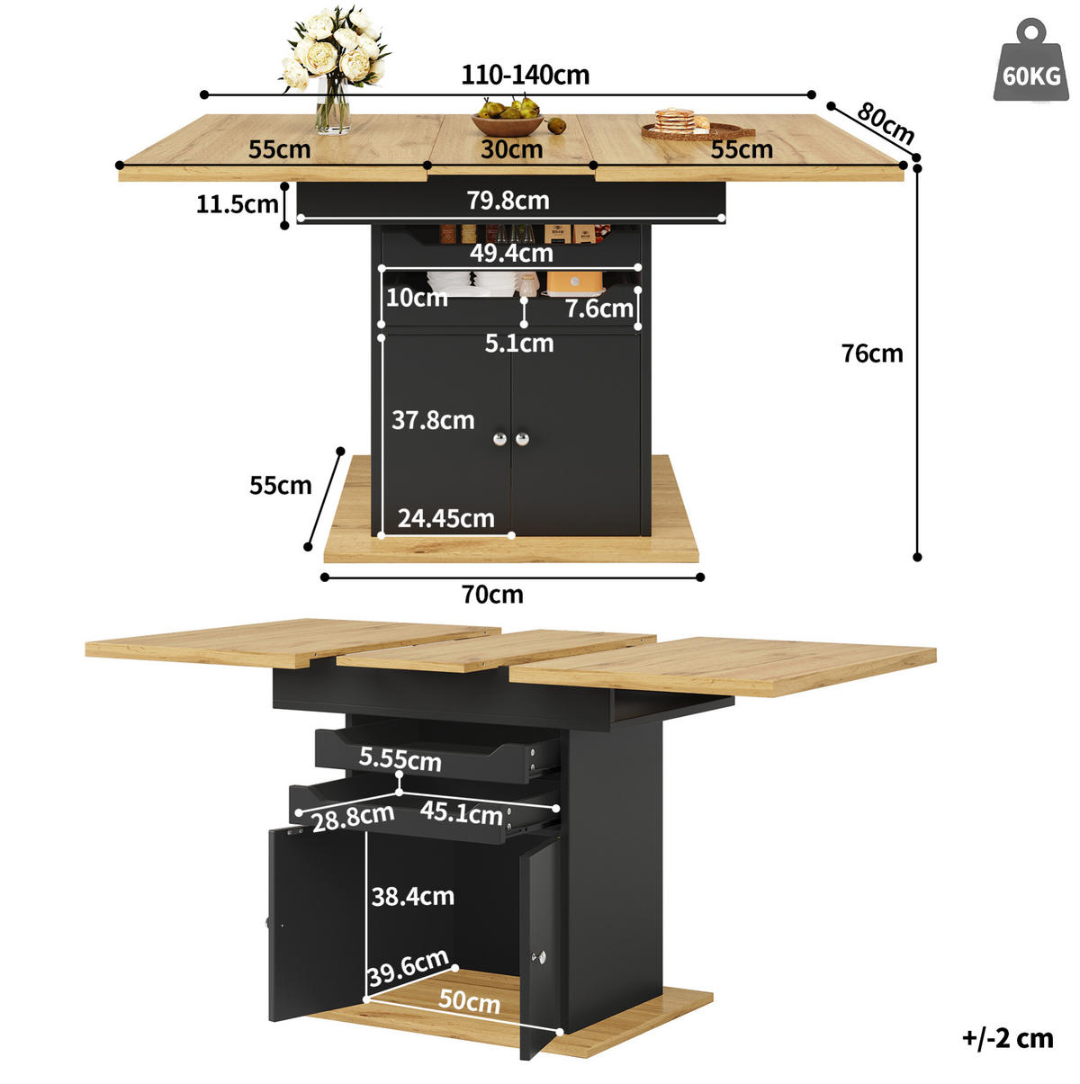 AUSZIEHTISCH 110/140/80 cm Schwarz mit Stauraum Soft-Close aus MDF - Schwarz, Holzwerkstoff (110/80/76cm) - OKWISH