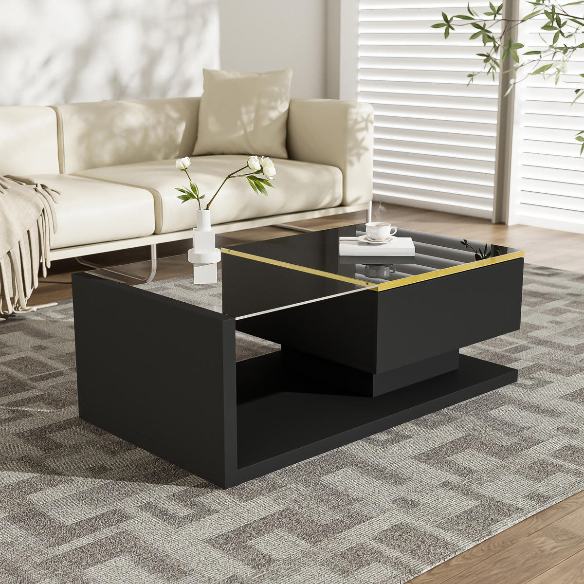COUCHTISCH 90 cm Hochglanz LED schwarz - Schwarz, Holzwerkstoff (50/90/32.5cm) - LEBENLANG